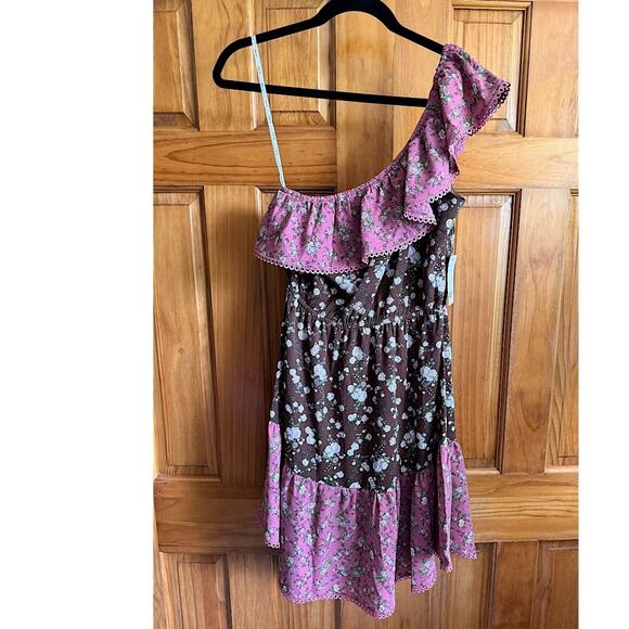 Bar III Raspberry Brown Floral Asymmetrical Ruffle Dress, Size Small, NWT SMALL - Picture 3 of 6